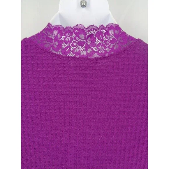 LOGO Lori Goldstein Purple Metallic Waffle Knit Mock Neck Top Lace Sz Large New - Picture 7 of 15
